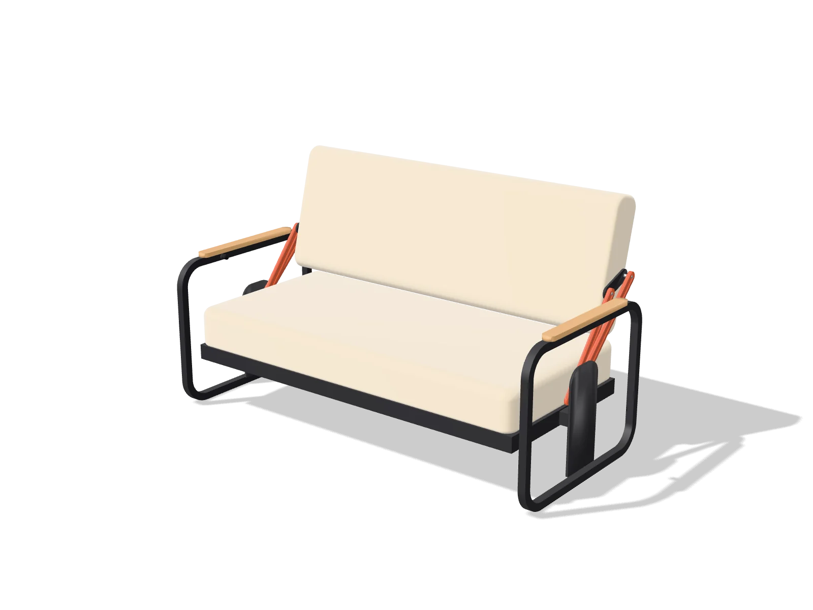 HARAP two-way sofa: black frame, oatmeal cushions and terracotta linkage, shown as a CAD model